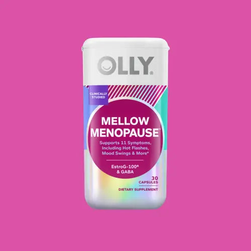 mellow menopause - pink and white capsules jar against white background