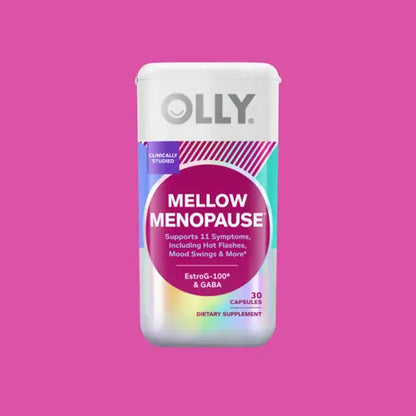 mellow menopause - pink and white capsules jar against white background