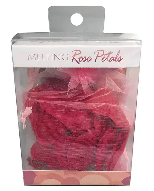 package of melting rose petals - silver package with red rose petals inside.