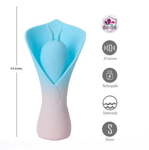 MINA blue fluttering vibrator next to product details list