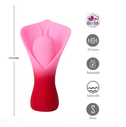 MINA red fluttering vibrator next to product details