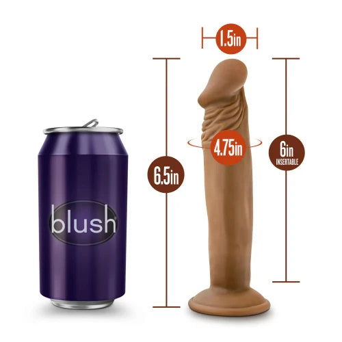 dr skin mocha dildo with dimensions next to soda can for reference