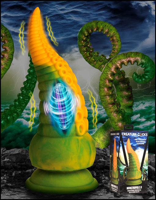 yellow and green monstropus tentacle dildo with stormy background