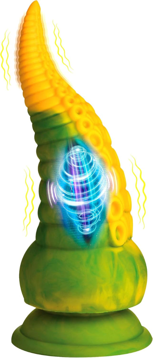 yellow and green monstropus tentacle dildo against white background