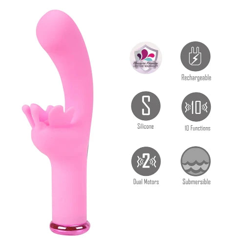 myla pink vibrator on left with product details on right