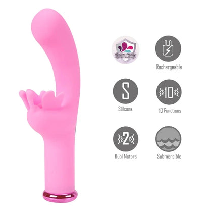 myla pink vibrator on left with product details on right