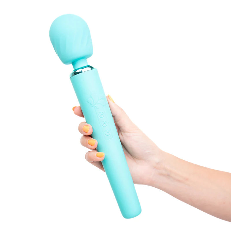 Hand holding NALA blue wand vibrator 
