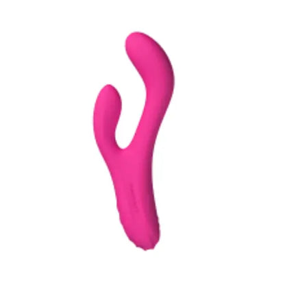 hot pink rabbit vibrator toy against white background