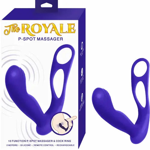 p-spot massager white and purple box on left with purple toy on right