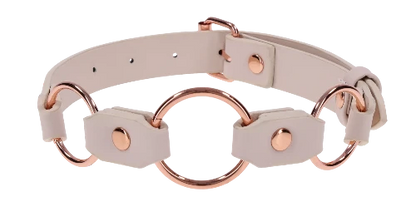peaches and cream collar made from faux peach leather and rose gold rings