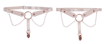 peach faux leather garters with pearls and rose gold accents
