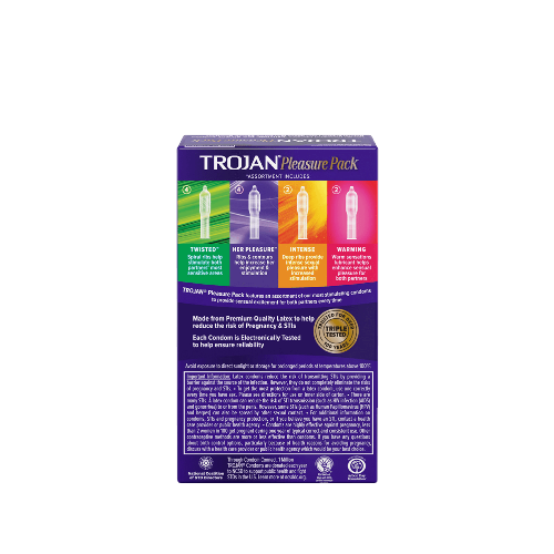 Trojan pleasure pack back of package - purple package with condom details