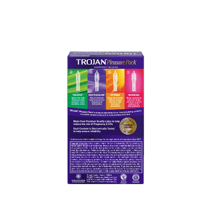 Trojan pleasure pack back of package - purple package with condom details