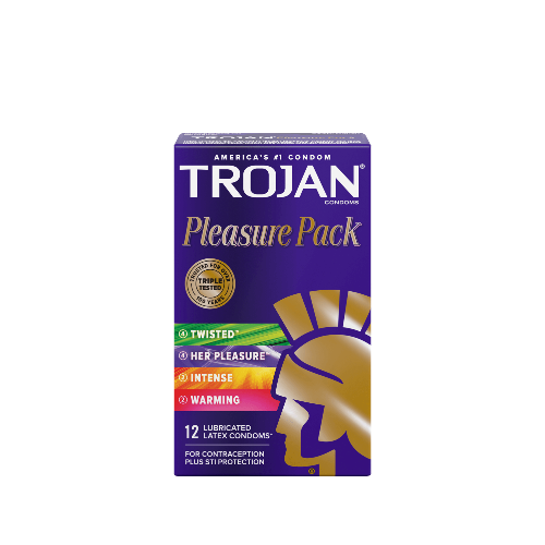 Trojan pleasure pack of condoms - front of package - purple with gold trojan logo