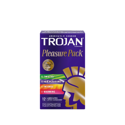 Trojan pleasure pack of condoms - front of package - purple with gold trojan logo