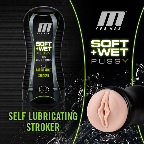 soft and wet pocket pussy with pleasure ridges - canister and toy against black background with splash graphic