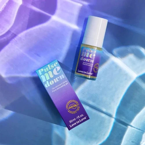pulse me down stimulating gel bottle and package against purple and blue background