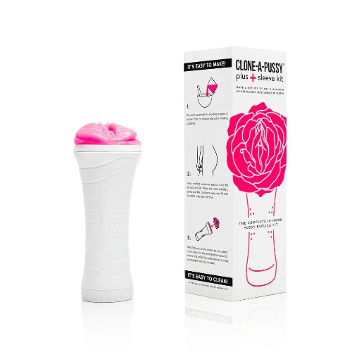 clone a pussy plus kit - example sleeve toy on left with white black and pink package on the right