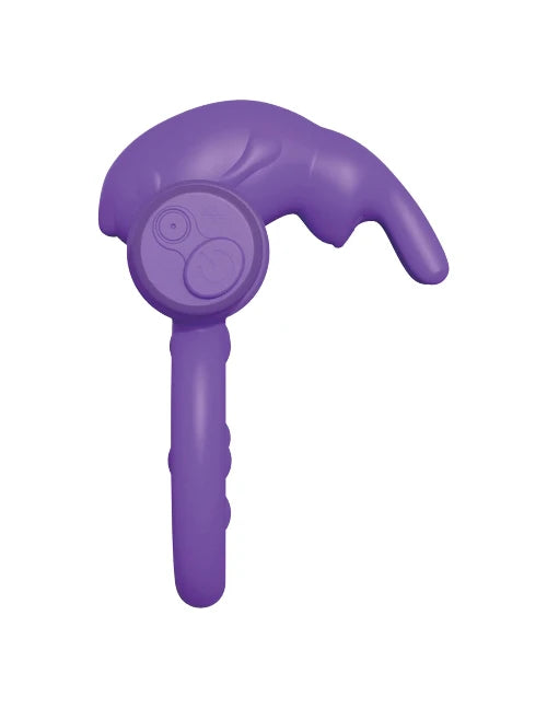 side view of purple fantasy c-ringz rabbit cock ring against white background