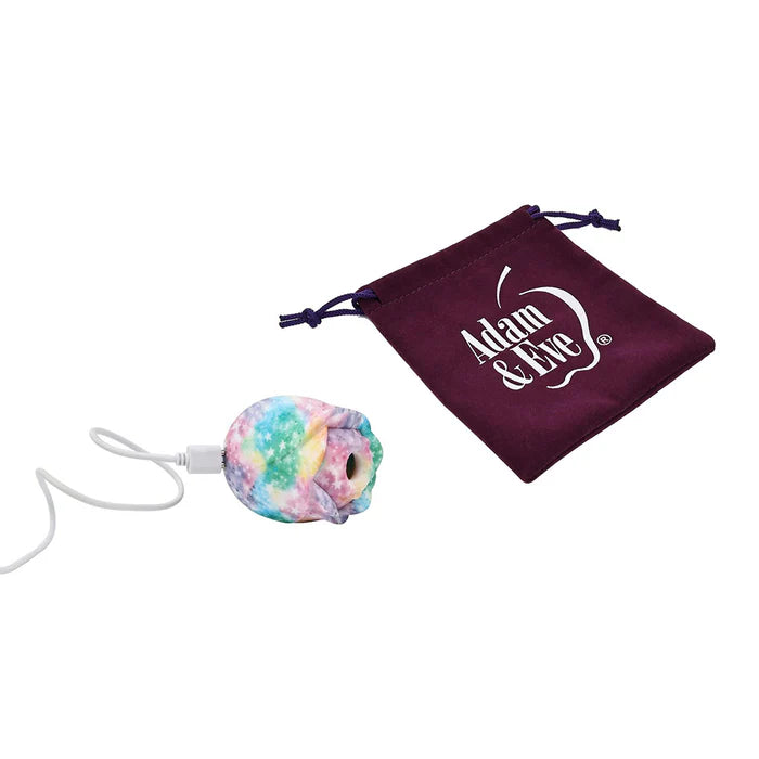 Rainbow rose toy on left and storage bag on the right