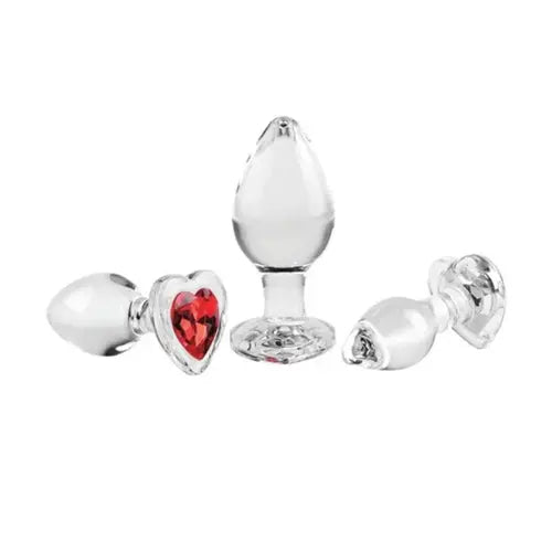 red gem set of three glass butt plugs against white background