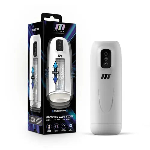 Robo-Bator Men's Stroker Toy - white toy with black buttons - package on the left and stroker toy on the right