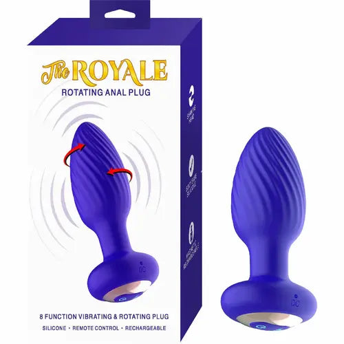 NassToys Royale Rotating Anal Plug - white and purple box on the left and purple anal plug on the right