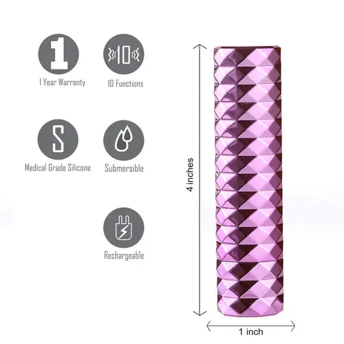 Roxie pink lipstick bullet vibrator next to product details