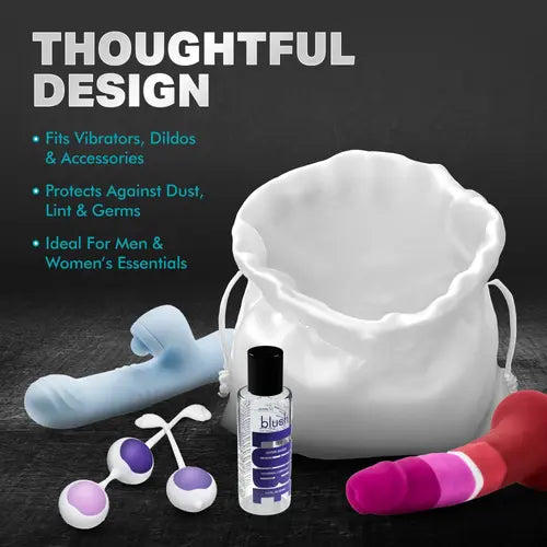 large safe sex by blush sanitary sex toy storage bag with dildos and lube next to it - next to product details