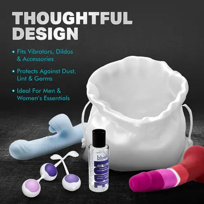 large safe sex by blush sanitary sex toy storage bag with dildos and lube next to it - next to product details