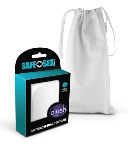 large safe sex by blush sanitary sex toy storage bag - packaging on left and bag on right
