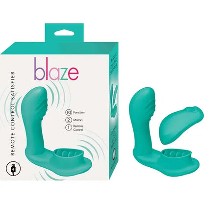 blaze satisfier by nasstoys white and teal package on eh left, teal remote control vibrator on the right