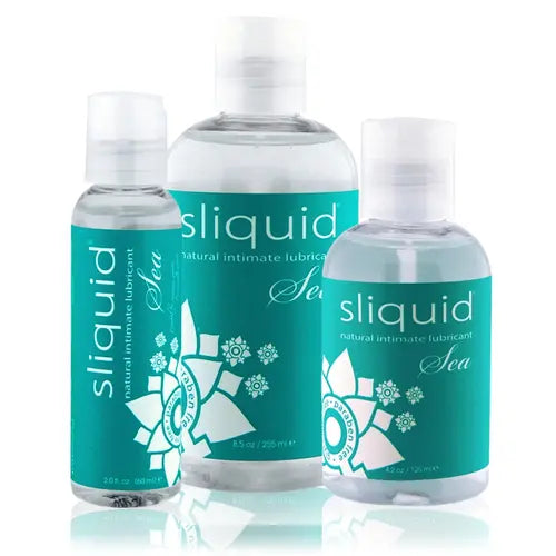 Three bottles of Sliquid Sea Intimate Lubricant with teal labels