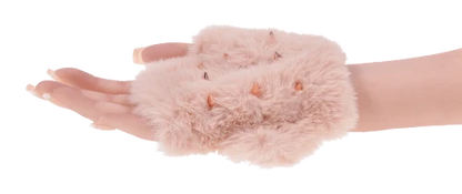 fluffy peach sensory glove on hand with white background