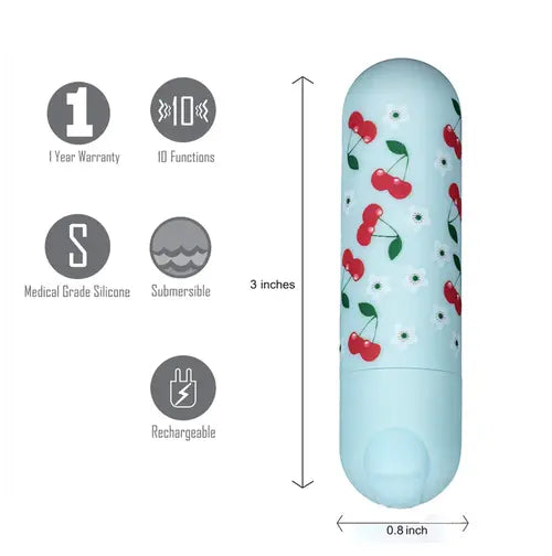 SHERRI bullet vibrator with cherry flower pattern next to details