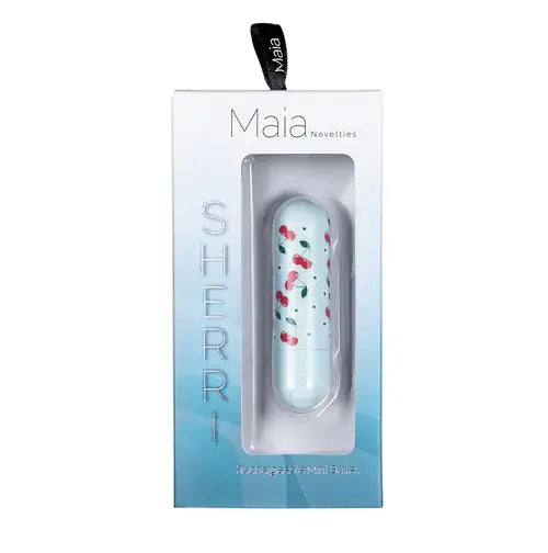 SHERRI bullet vibrator with cherry flower pattern in blue and white packaging