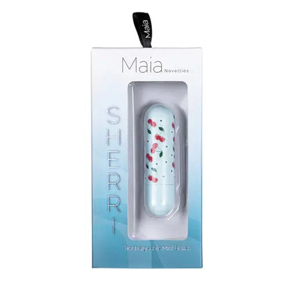 SHERRI bullet vibrator with cherry flower pattern in blue and white packaging