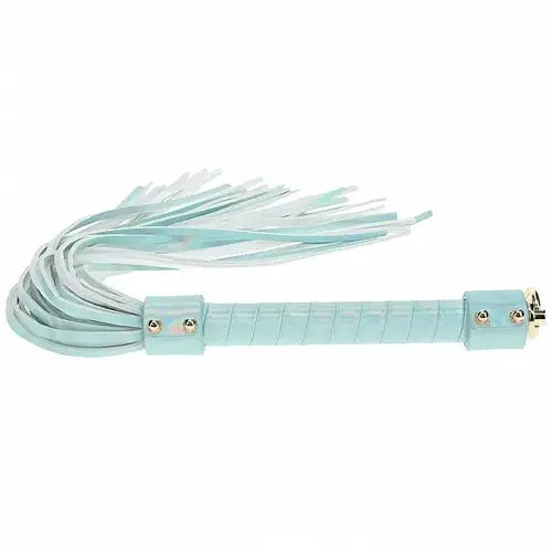 light blue leather flogger against white background