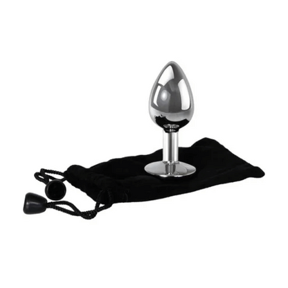 small metal butt plug on soft black storage bag