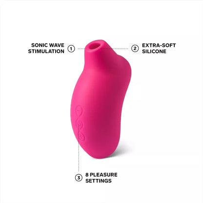 SONA cerise clitoral massager next to product details