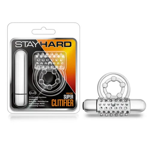 3-in-1 Super Clitifier cock ring toy in packaging on the left, cock ring with bullet vibrator on the right