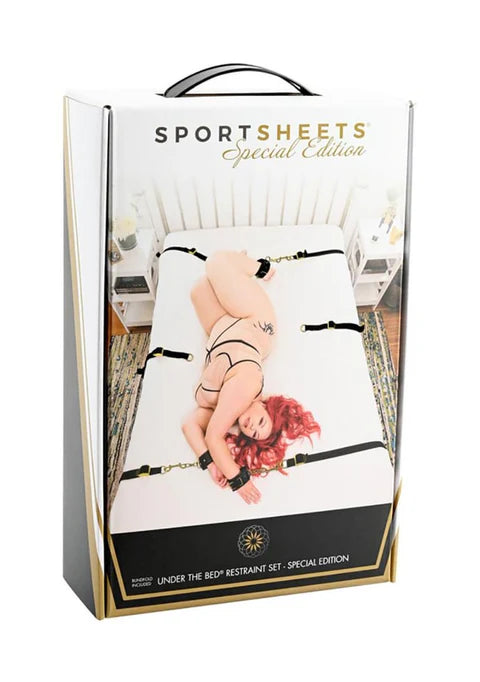 under the bed restraint set white and black package with image of restrained woman