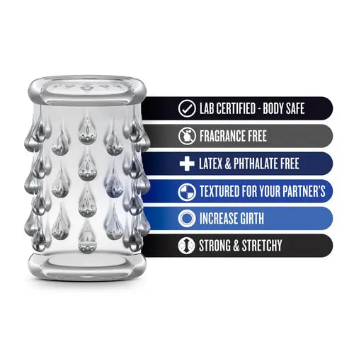 Clear studded penis sleeve with product details