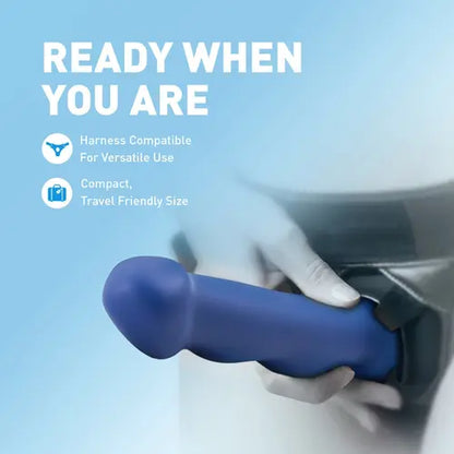 avant suko indigo adult toy in harness with words ready when you are and blue background