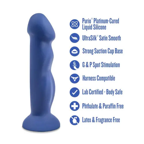 avant suko blue dildo on left with product specifications on right