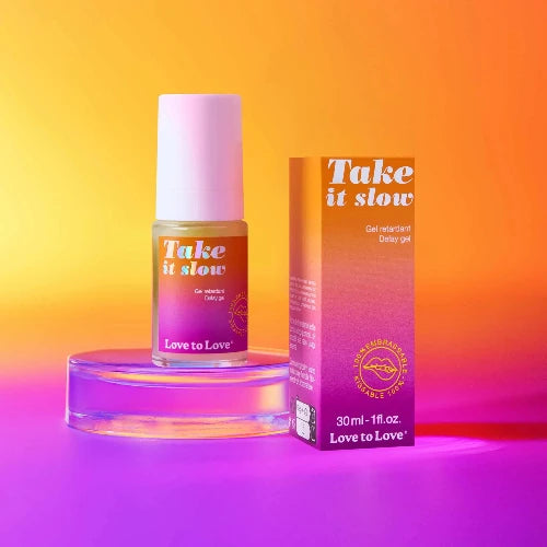 Take It Slow delay gel bottle and package against orange yellow and purple background