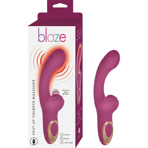 Blaze Heat Up Thumper Massager - dark pink and white box on left, pink massager on right