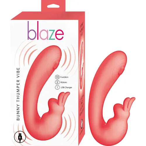blaze bunny thumper vibrator - white and coral box on the left and coral vibrator on the right