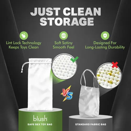 blush antibacterial sex toy storage bag compared to standard fabric bag with blush bag demonstrating no germs