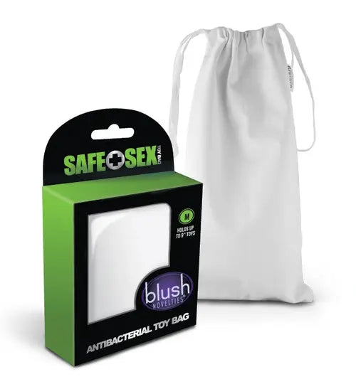 blush antibacterial sex toy storage bag - package on left and bag on right